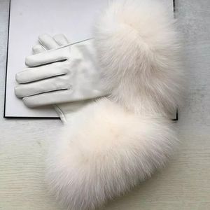 💙NWT White Soft Leather Gloves With Whute Fox Fur and Velvet Linin…